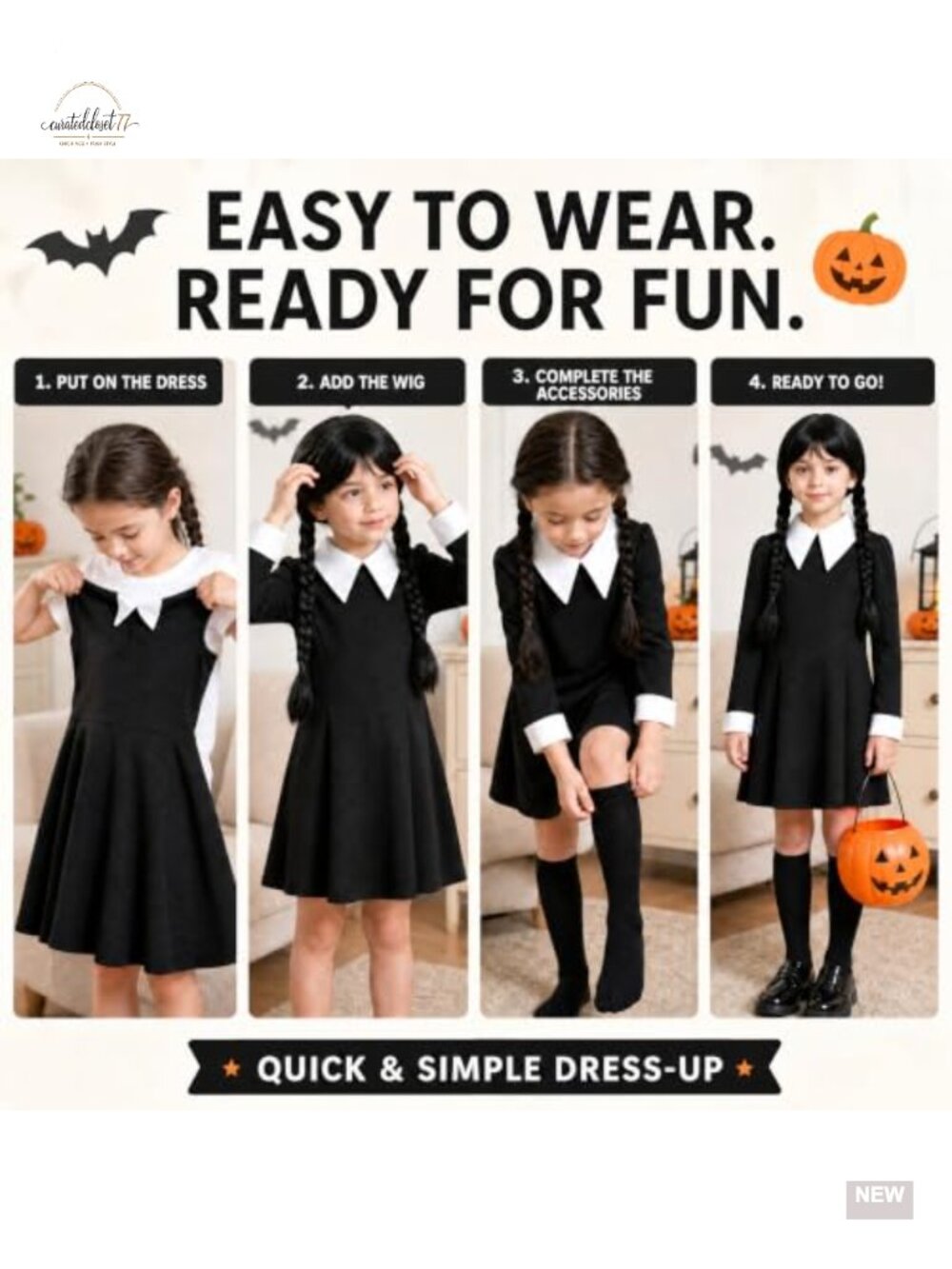 Girls Gothic Black Dress Cosplay Set with Wig Necklace Socks Halloween Costume - Picture 4 of 5
